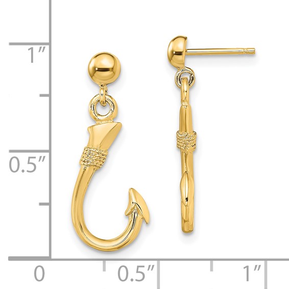 14K 3-D Fish Hook Dangle Post Earrings