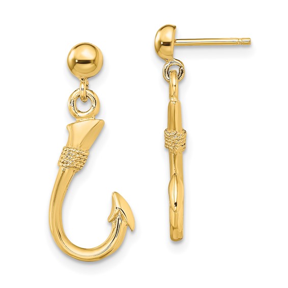 14K 3-D Fish Hook Dangle Post Earrings