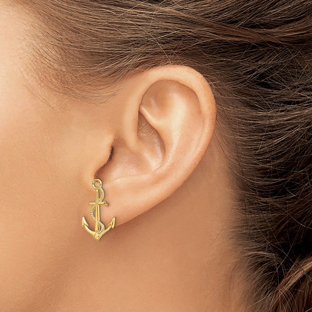 14K Polished / Textured Anchor W/ Rope Post Earrings (TE873)