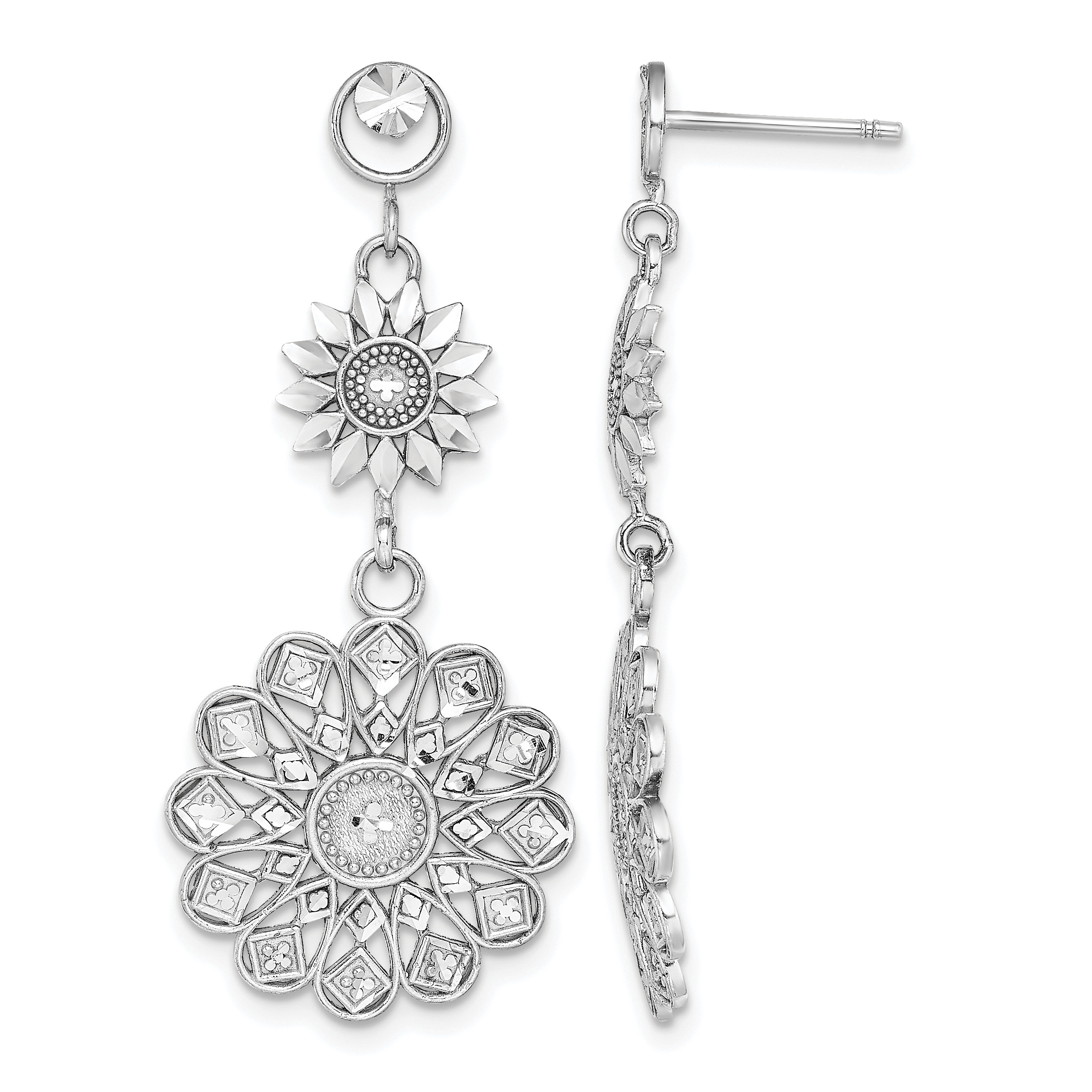14K White Gold D/C Sunflower Style Double Drop  Earrings (TE882W)