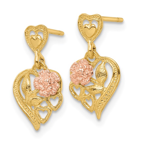 14k Two-tone Heart and Flower Dangle Post Earrings