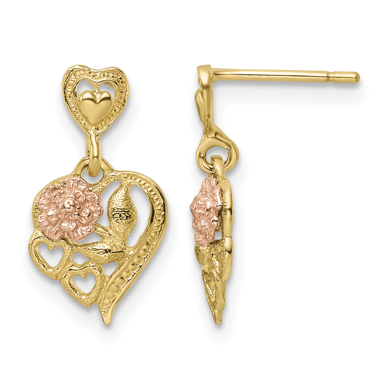 14k Two-tone Heart w/Flower Post Dangle Earrings (TE883)