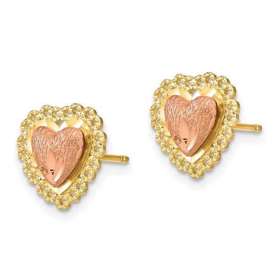 14k Two-Tone Diamond-cut Heart with Lace Trim Post Earrings