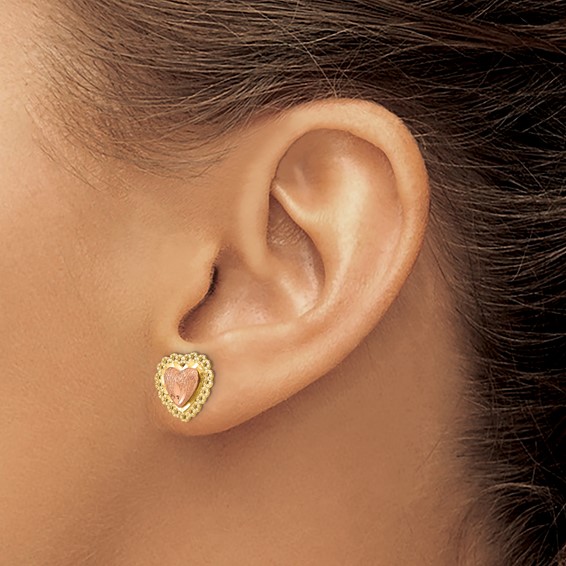 14k Two-Tone Diamond-cut Heart with Lace Trim Post Earrings