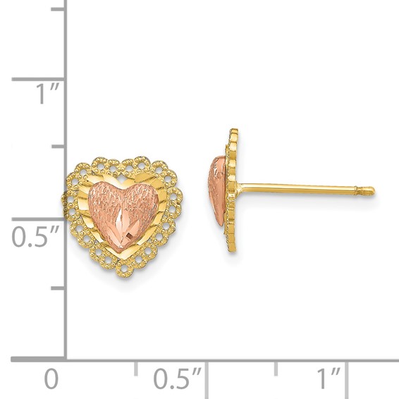 14k Two-Tone Diamond-cut Heart with Lace Trim Post Earrings