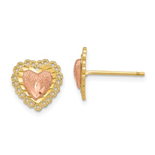14k Two-Tone Diamond-cut Heart with Lace Trim Post Earrings