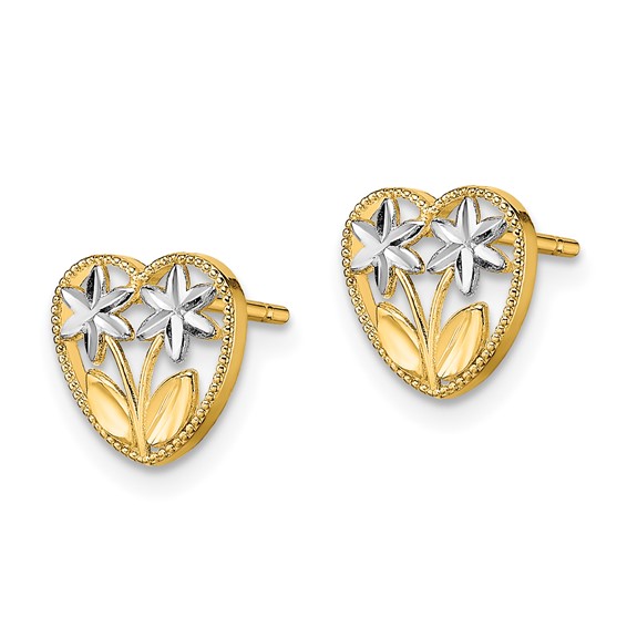 14k and White Rhodium Diamond-cut Flowers in Heart Post Earrings