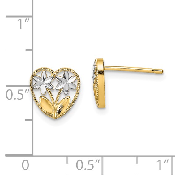 14k and White Rhodium Diamond-cut Flowers in Heart Post Earrings