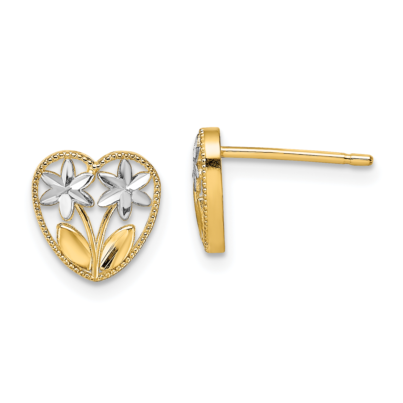 14k w/ Rhodium D/C Flower and Heart Post Earrings (TE892)
