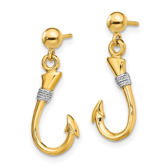 14K and White Rhodium 3-D Fish Hook with Rope Dangle Post Earrings