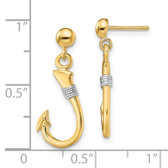 14K and White Rhodium 3-D Fish Hook with Rope Dangle Post Earrings