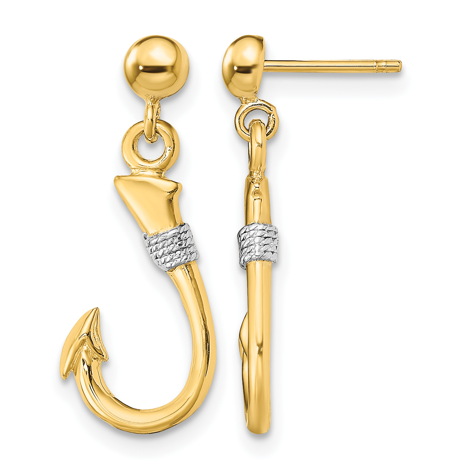 14K w/Rhodium 3-D Fish Hook W/ Rope Dangle Earrings (TE896)