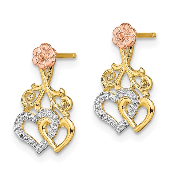 14k Two-tone and White Rhodium Hearts and Flower Post Earrings
