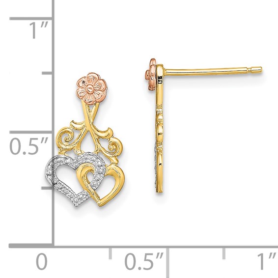 14k Two-tone and White Rhodium Hearts and Flower Post Earrings
