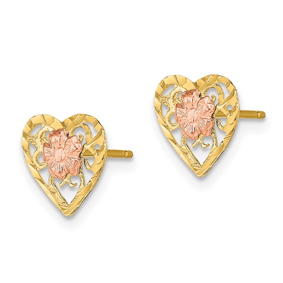 14k Two-Tone Diamond-cut Flower in Heart Post Earrings