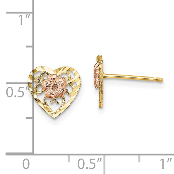 14k Two-Tone Diamond-cut Flower in Heart Post Earrings