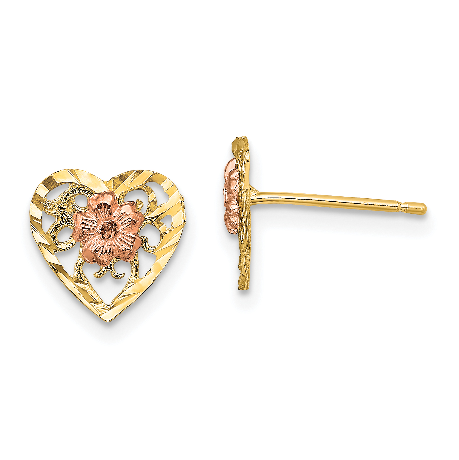 14k Two-Tone D/C Heart and Flower Earrings (TE901)