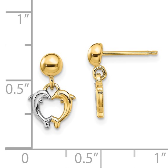 14K and White Rhodium Two Dolphins Dangle Post Earrings