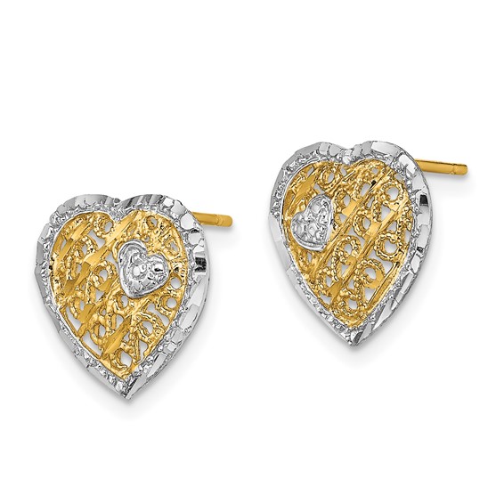 14k and White Rhodium Filigree Heart Post Earrings