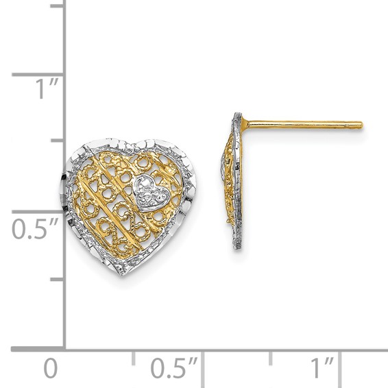 14k and White Rhodium Filigree Heart Post Earrings