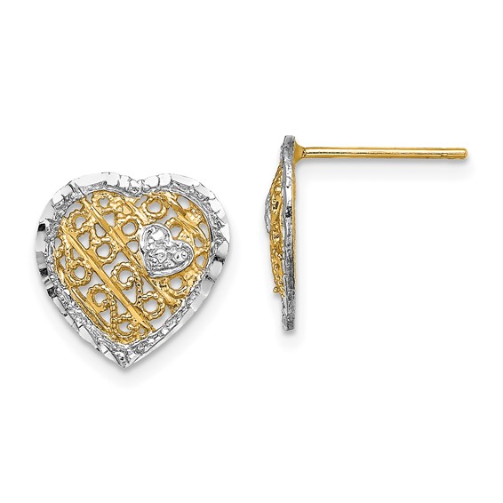 14k and White Rhodium Filigree Heart Post Earrings