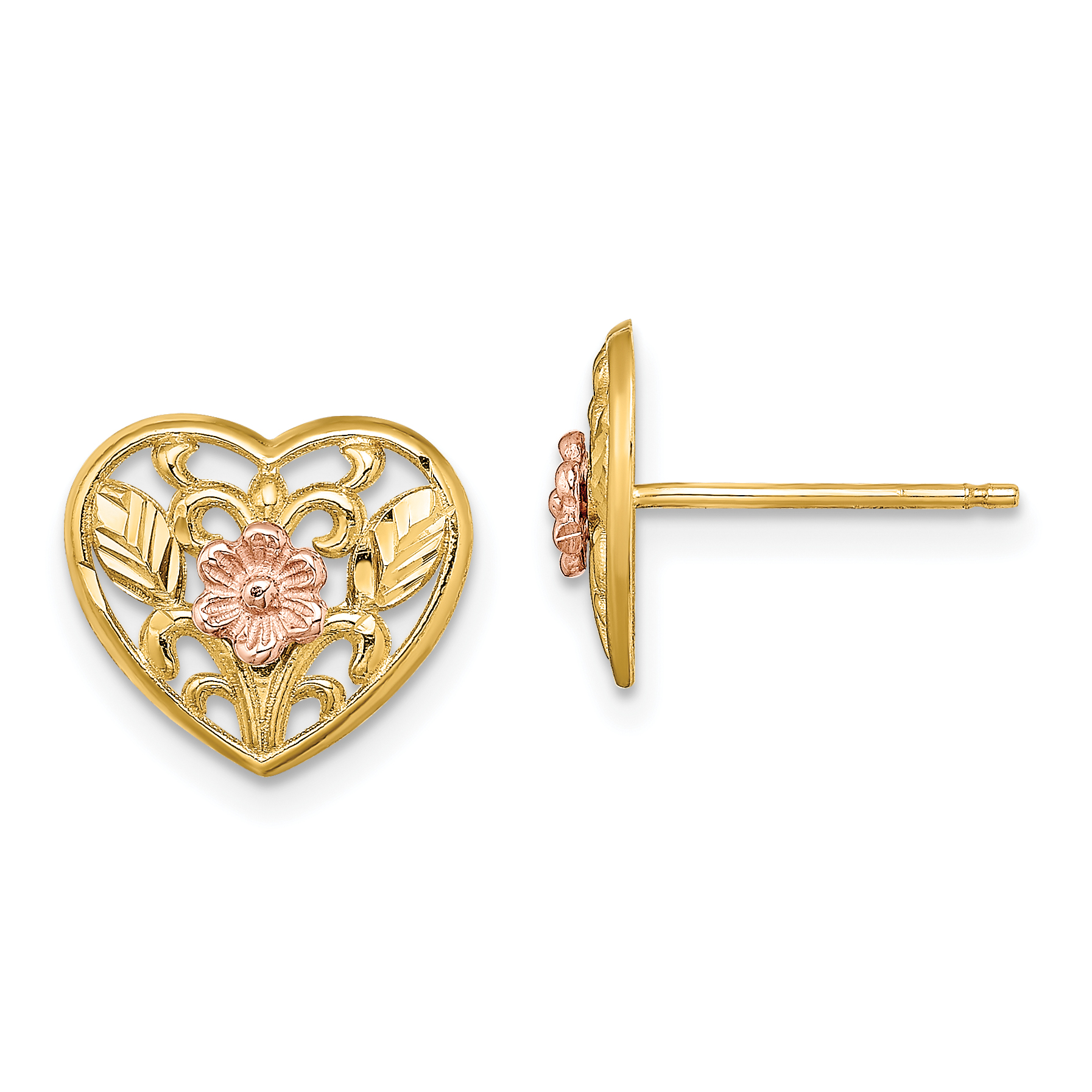 14K Two-tone Polished Floral in Heart Post Earrings (TE907)