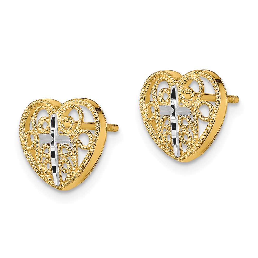 14K w/Rhodium Filigree Cross Center Heart Post Earrings (TE908)