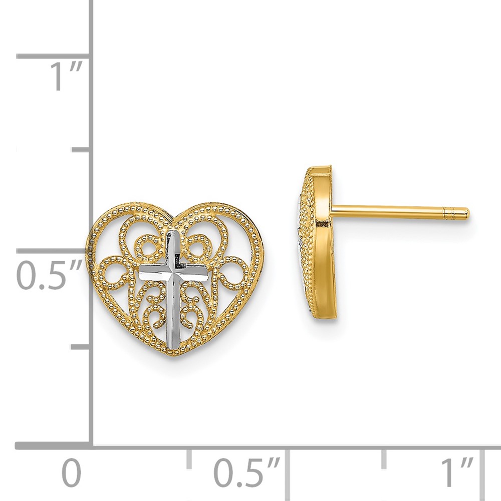 14K w/Rhodium Filigree Cross Center Heart Post Earrings (TE908)
