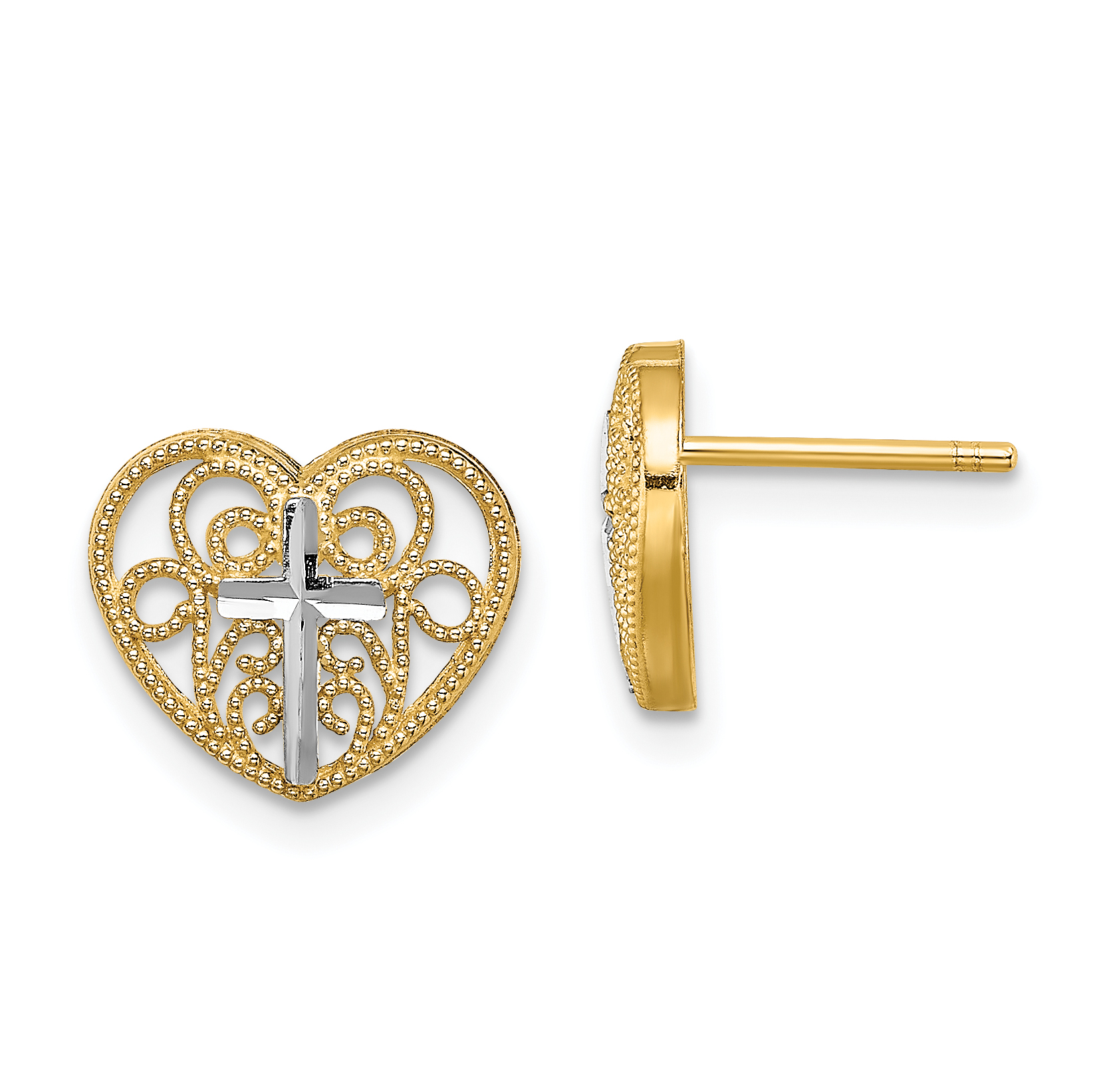 14K w/Rhodium Filigree Cross Center Heart Post Earrings (TE908)