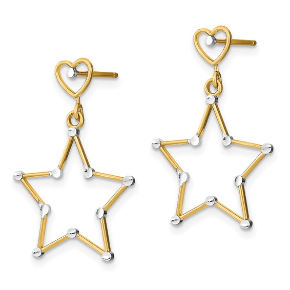 14k and White Rhodium Diamond-Cut Heart and Star Dangle Post Earrings