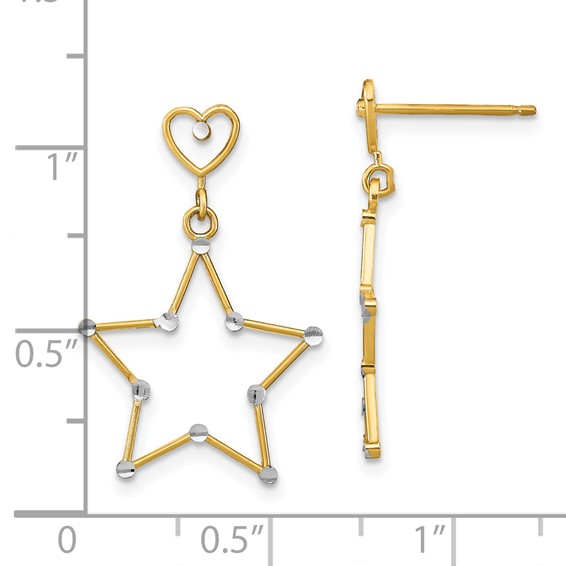 14k and White Rhodium Diamond-Cut Heart and Star Dangle Post Earrings
