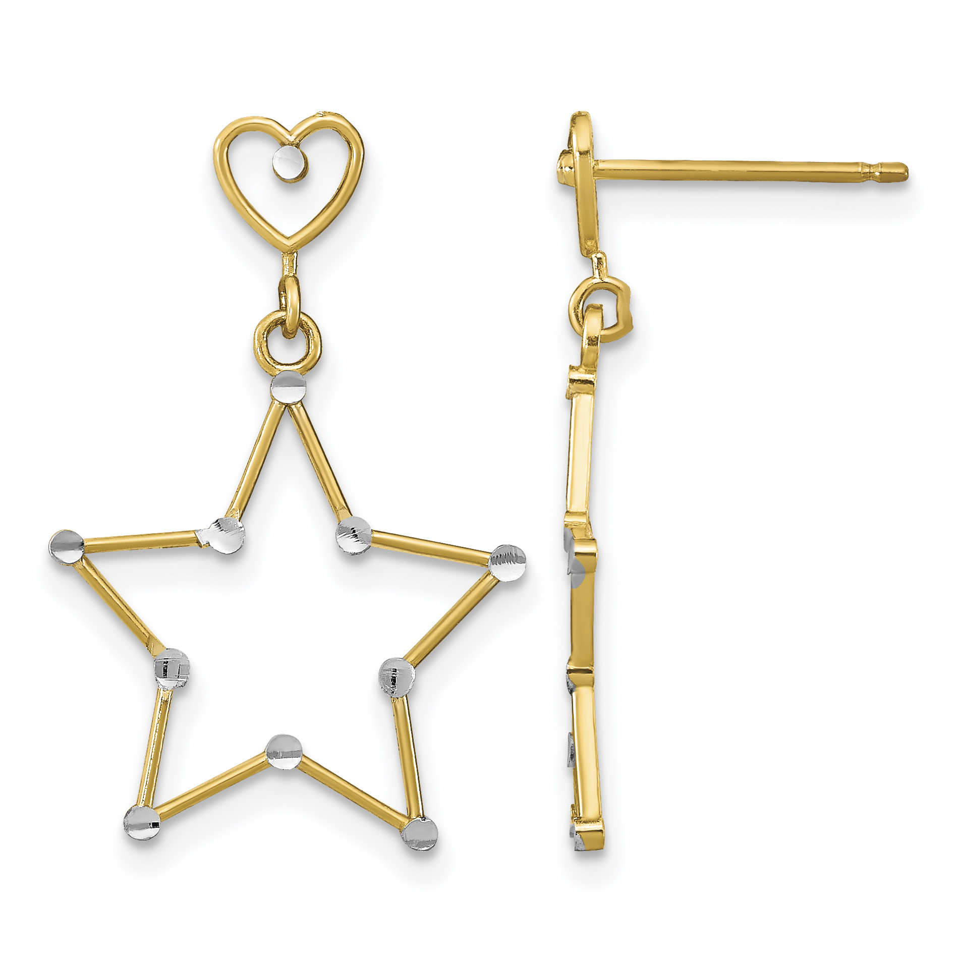 14k w/ RH Diamond-Cut Heart and Star Post Dangle Earrings (TE913)