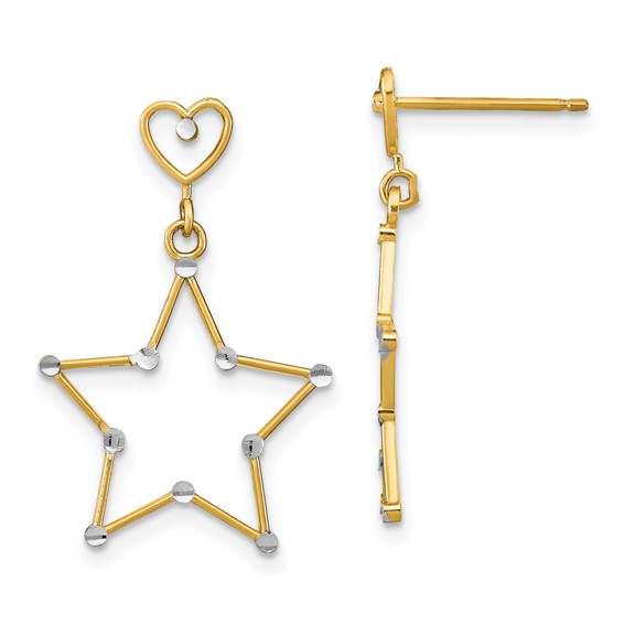 14k and White Rhodium Diamond-Cut Heart and Star Dangle Post Earrings