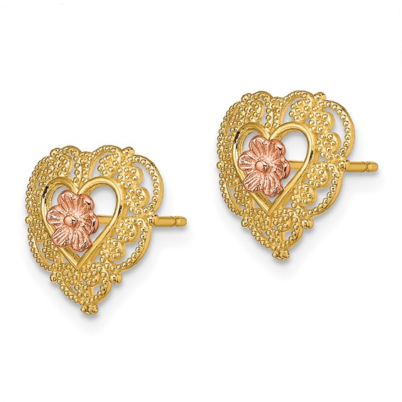 14k Two-Tone with Lace Trim and Flower Heart Post Earrings