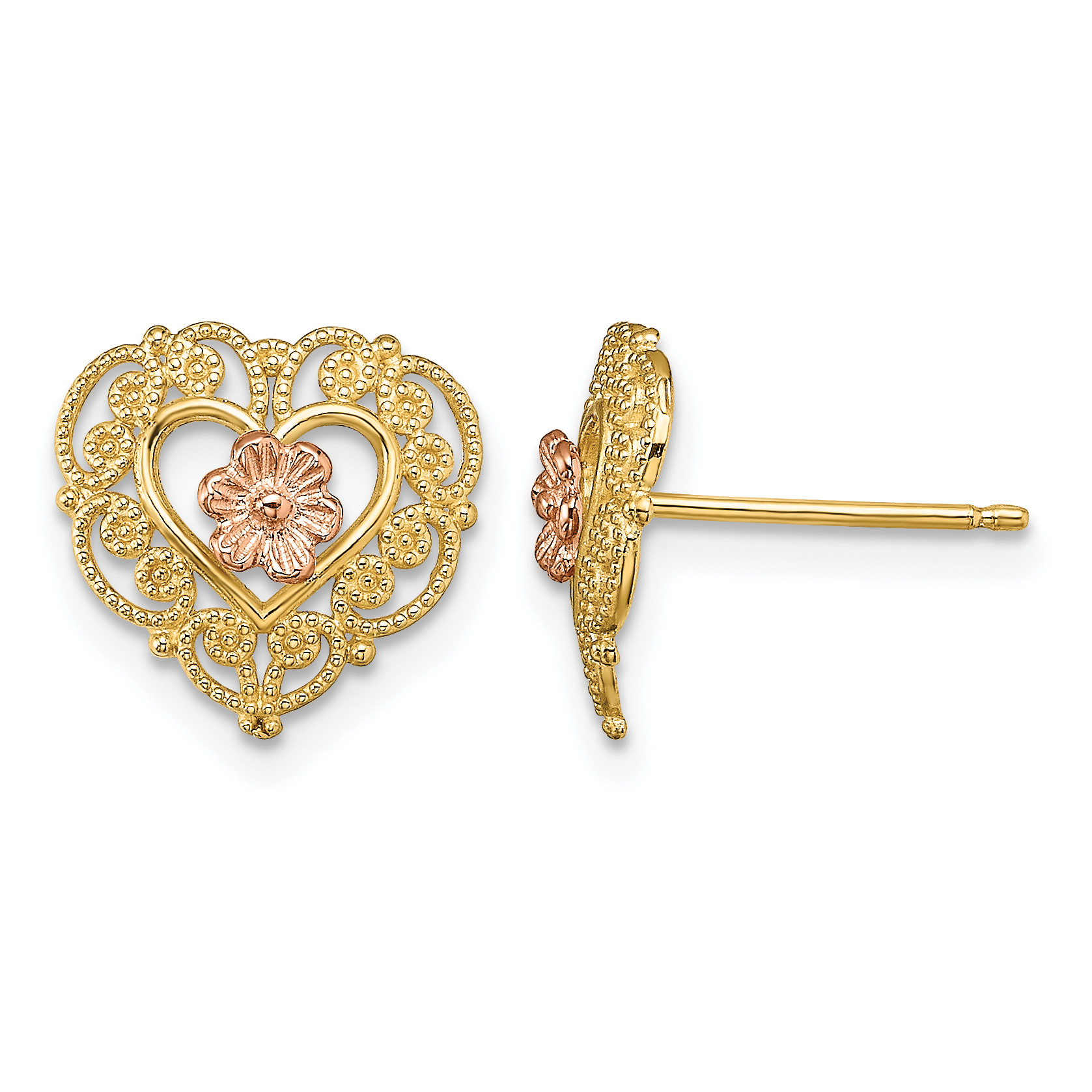 14k Two-Tone w/ Lace Trim and Flower Heart Post Earrings (TE914)