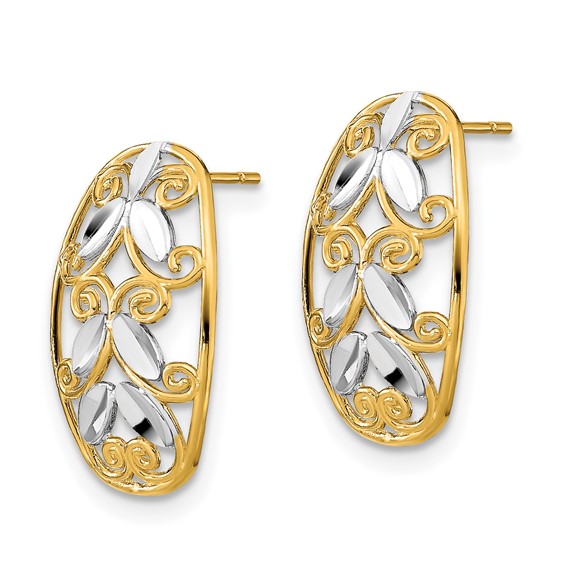 14K and White Rhodium Oval Diamond-cut Filigree Post Earrings