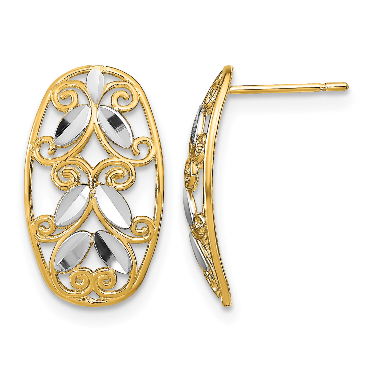 14K w/Rhodium Oval D/C Filigree Post Dangle Earrings (TE917)
