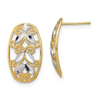 14K and White Rhodium Oval Diamond-cut Filigree Post Earrings