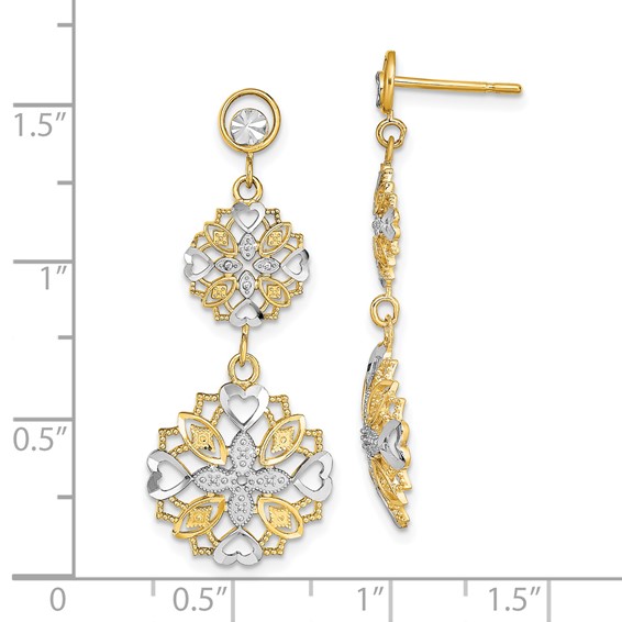 14k and White Rhodium Diamond-cut Flower and Heart Dangle Post Earrings