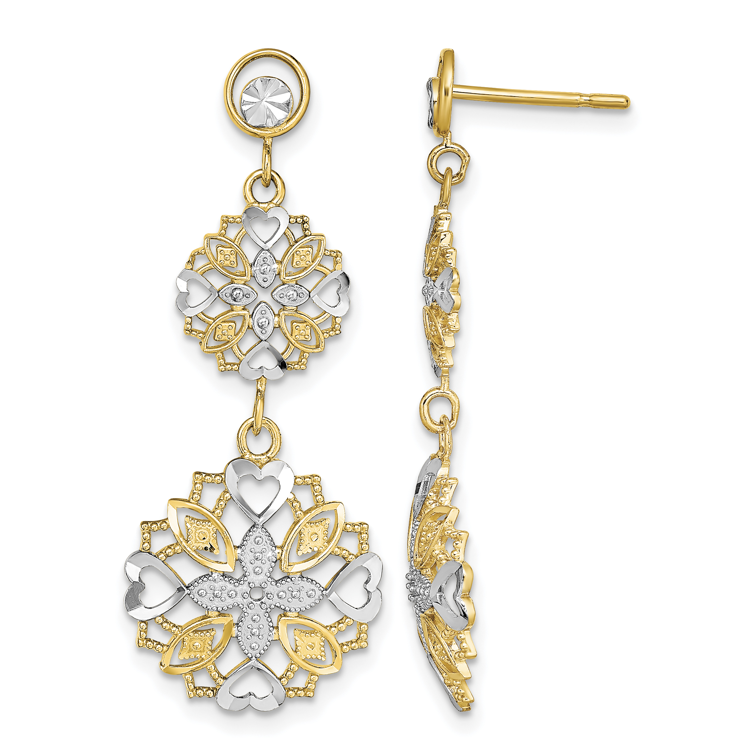 14k w/ Rhodium D/C Flower & Heart Dangle Earrings (TE918)