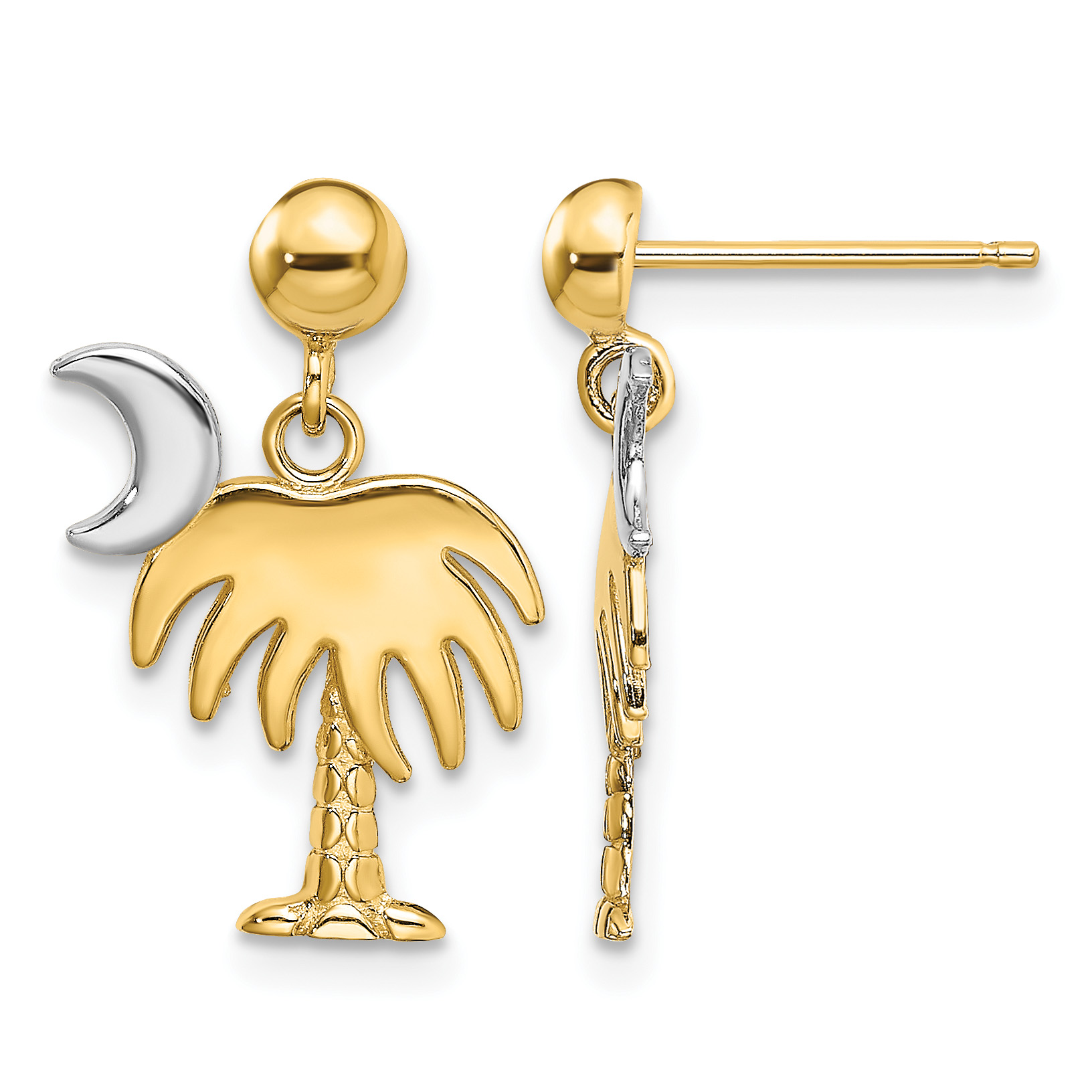 14K W/ Rhodium Charleston Palm Tree w/ Moon Dangle Earrings (TE921)