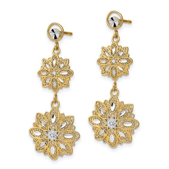 14K and White Rhodium Diamond-cut Filigree Floral Dangle Post Earrings