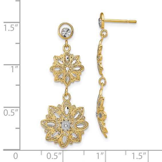 14K and White Rhodium Diamond-cut Filigree Floral Dangle Post Earrings