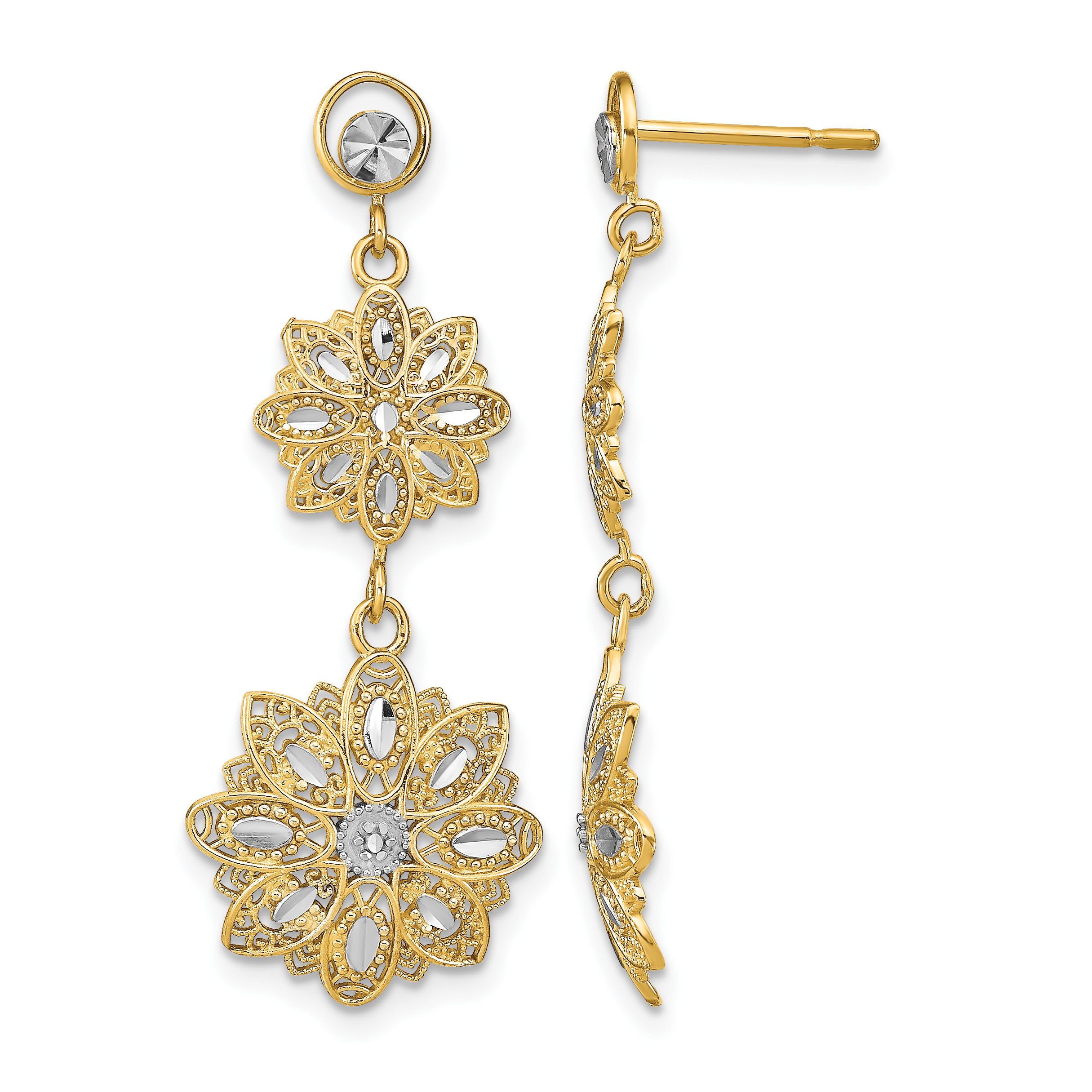 14K w/Rhodium D/C  Filigree Floral Post Dangle Earrings (TE923)