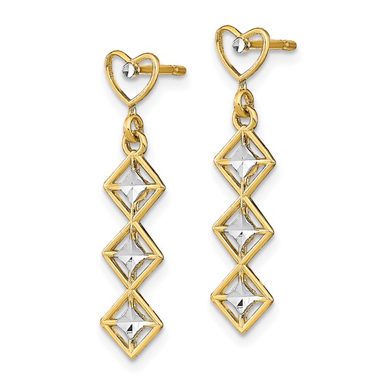14k and White Rhodium Diamond-cut Heart Diamond-Shape Dangle Post Earrings