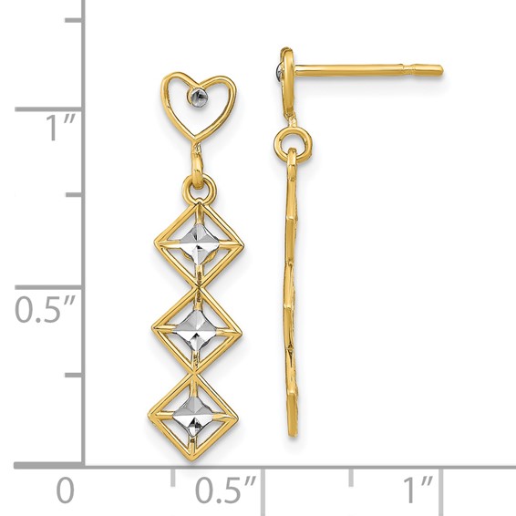 14k and White Rhodium Diamond-cut Heart Diamond-Shape Dangle Post Earrings