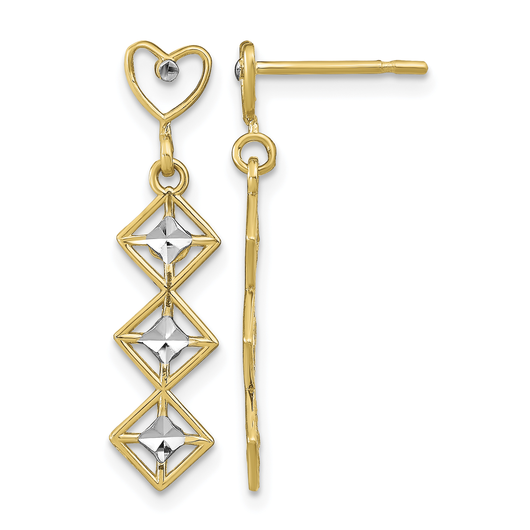 14k w/RH D/C Heart and Diamond Shape Post Dangle Earrings (TE926)