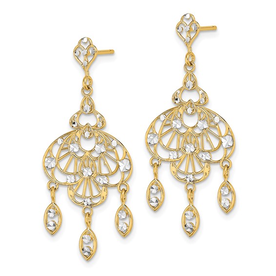 14K and White Rhodium Diamond-cut Chandelier-Style Dangle Post Earrings