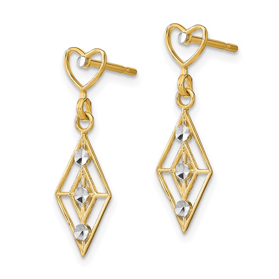 14k and White Rhodium Diamond-cut Diamond-Shape Heart Dangle Post Earrings