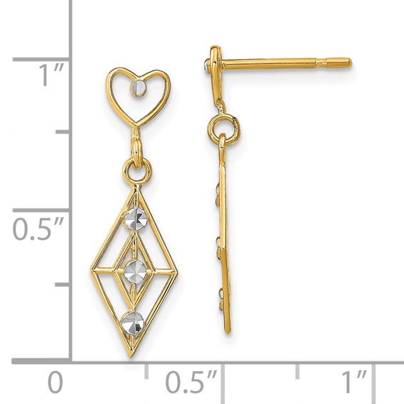 14k and White Rhodium Diamond-cut Diamond-Shape Heart Dangle Post Earrings